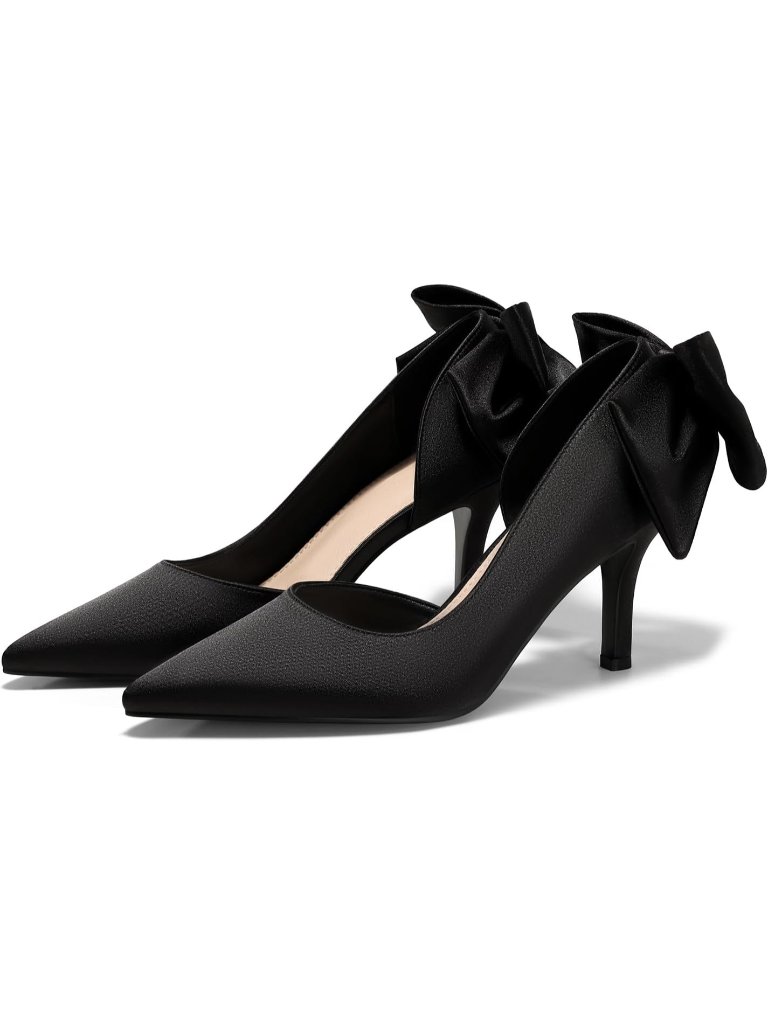 Women's Black Bow Stiletto Satin Closed Pointed Toe Slip On Wedding Dress Shoes